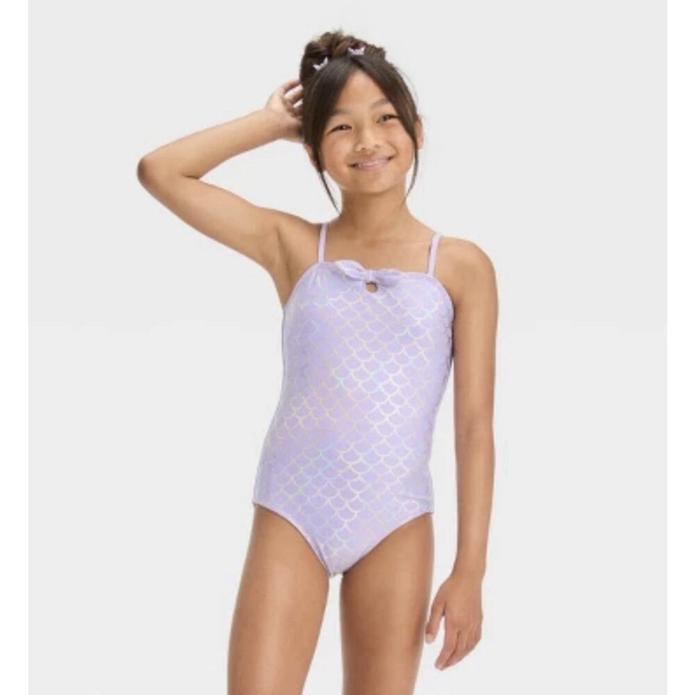 Cat & Jack Purple Mermaid Bow Adjustable Straps One Piece Swimsuit Size XL 14